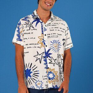 Riachuelo Incerti Men's Short Sleeve Sketch Shirt XL White Blue Tropical Brazil